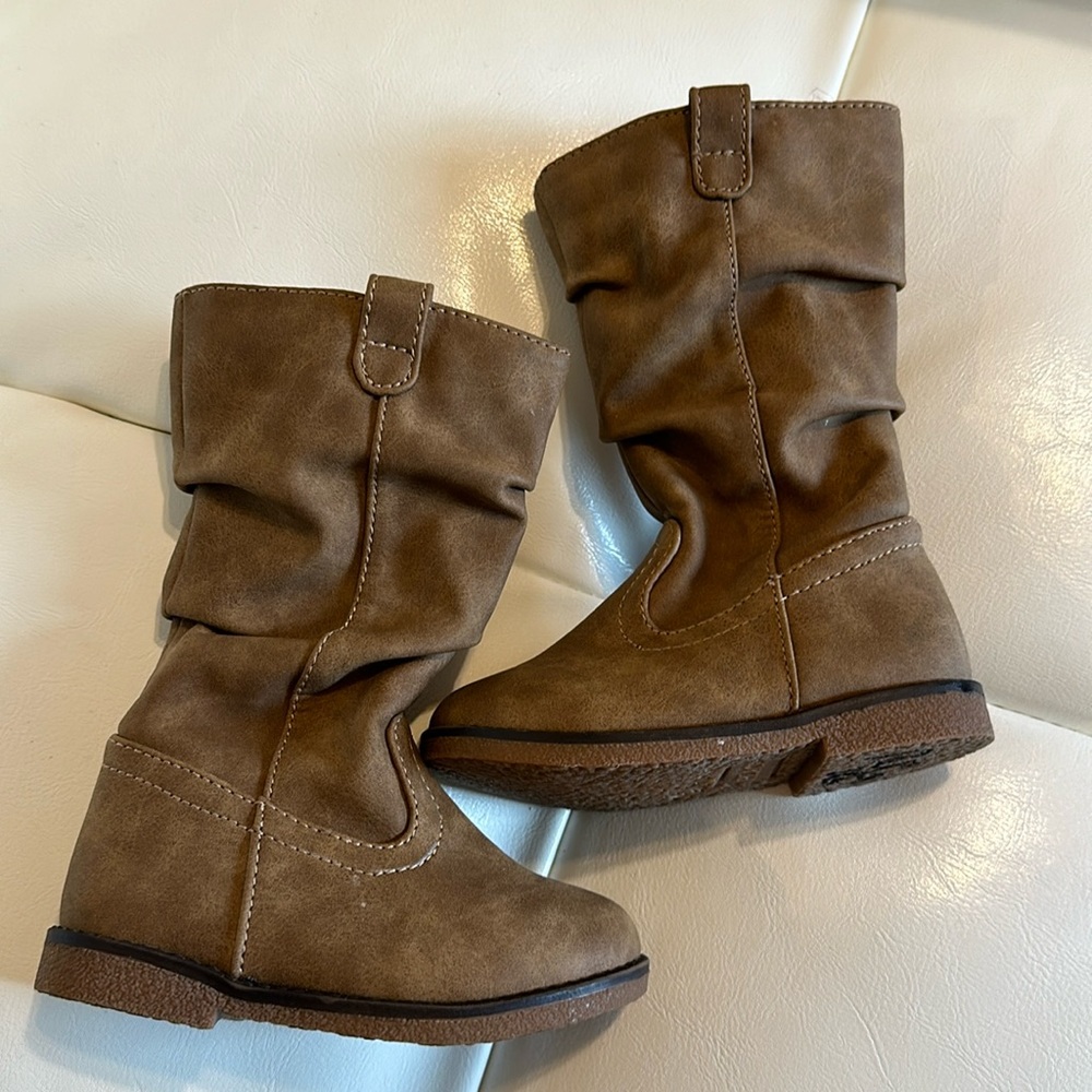 🎀 Place Baby Girls Knee High Cowgirl Boots Zip Up Light Brown EUC Size 5 - Picture 3 of 6